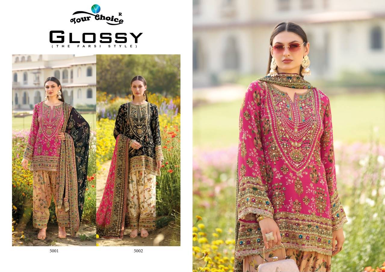 Glossy By Your choice 5001 To 5002 Series Indian Pakisatni ethnic wear Heavy Chinon At Wholesale Price